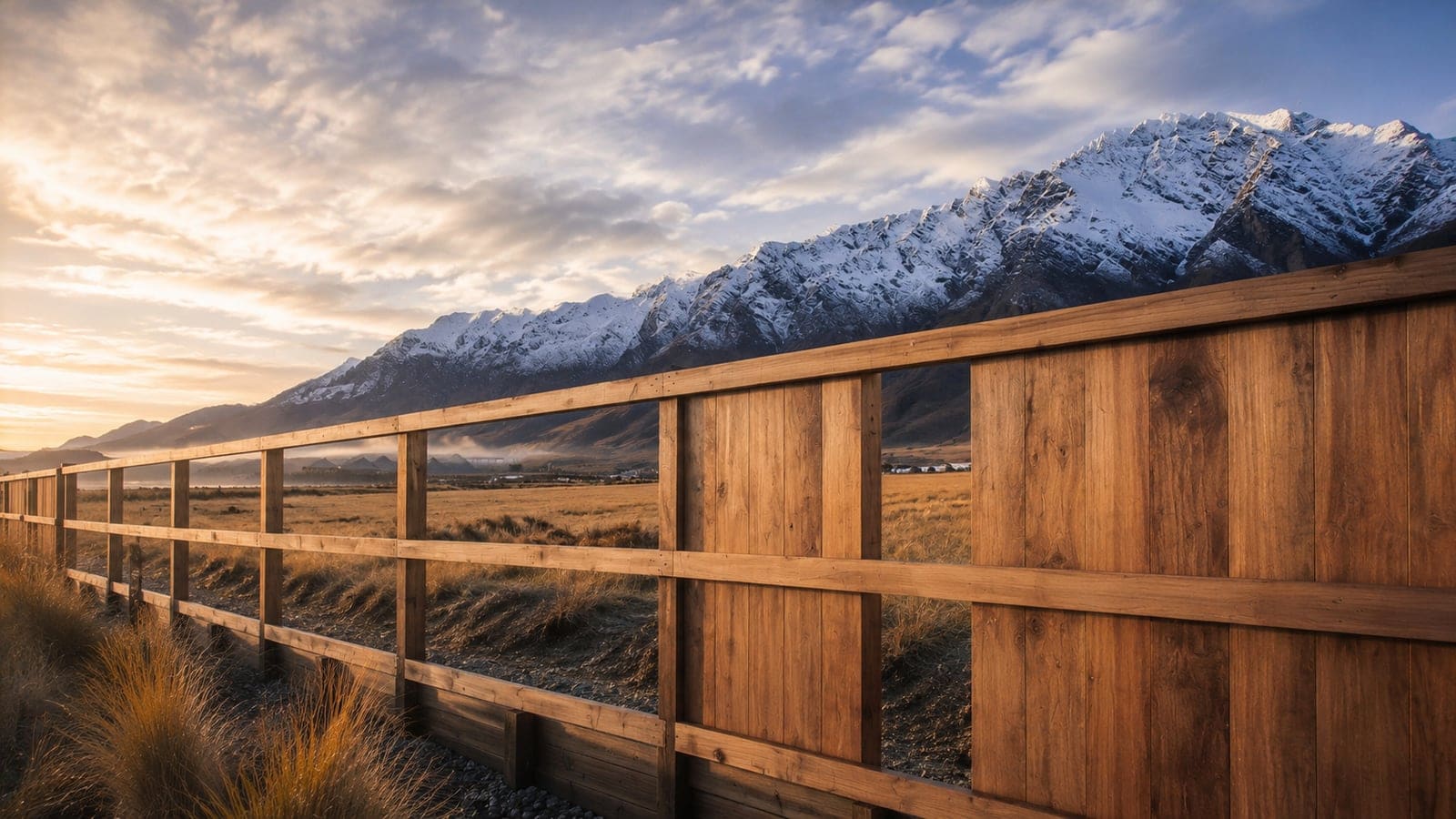 Macrocarpa post and rail fencing with snowy Remarkables mountains behind, Queenstown